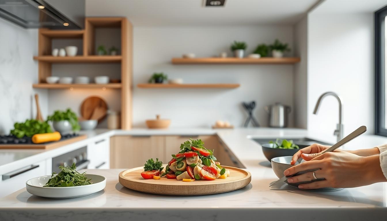 Balanced healthy meal prepared in a home kitchen